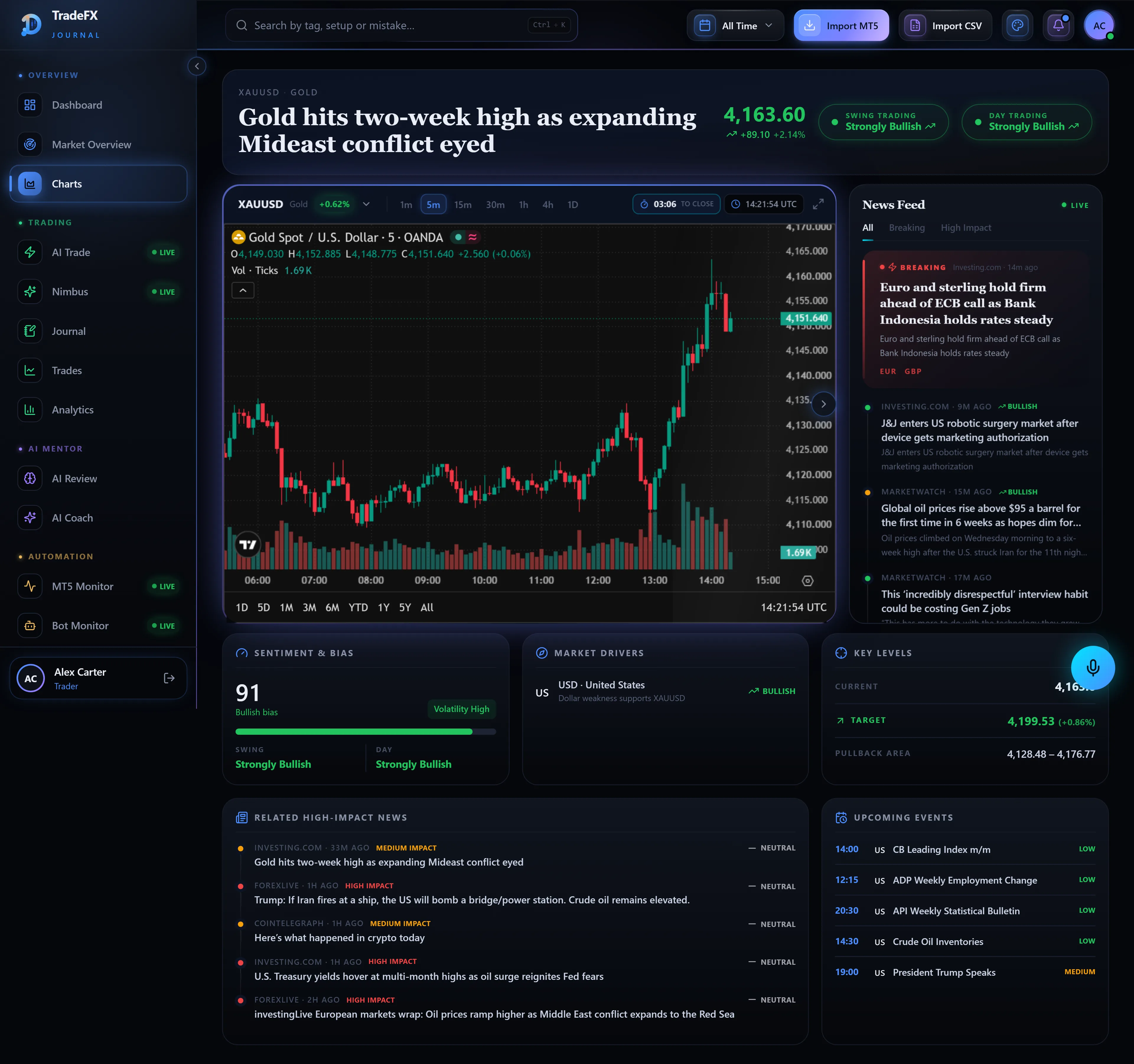 TradeFX Journal multi-chart trading terminal